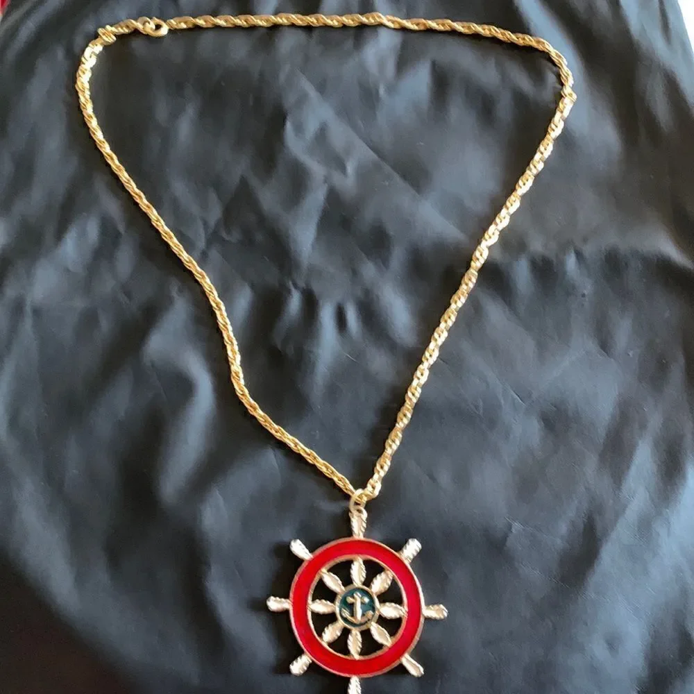 Vintage Chunky Gold Compas White Blue Nautical Costal Necklace‎ USA patriotic